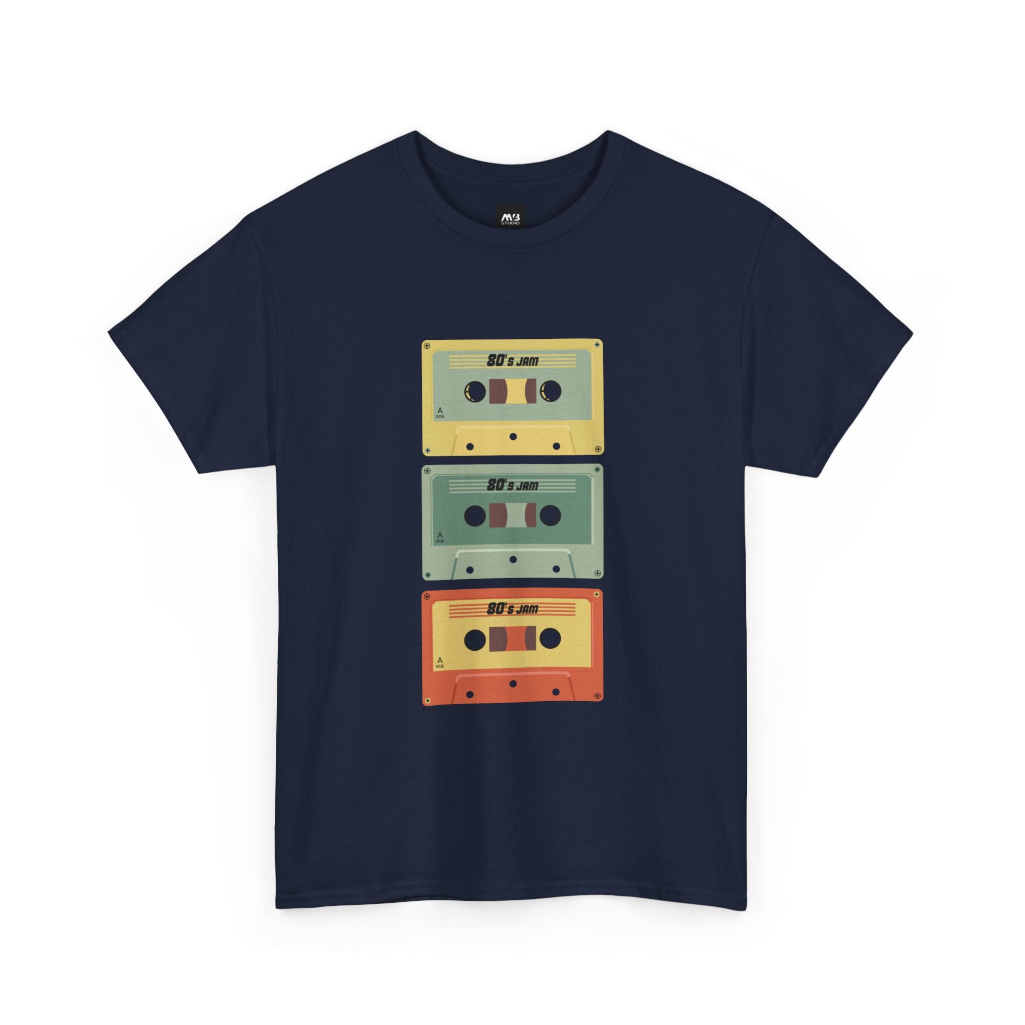 80's Jam Cassette Tape T-shirt featuring a graphic of colorful cassette tapes on a navy background.