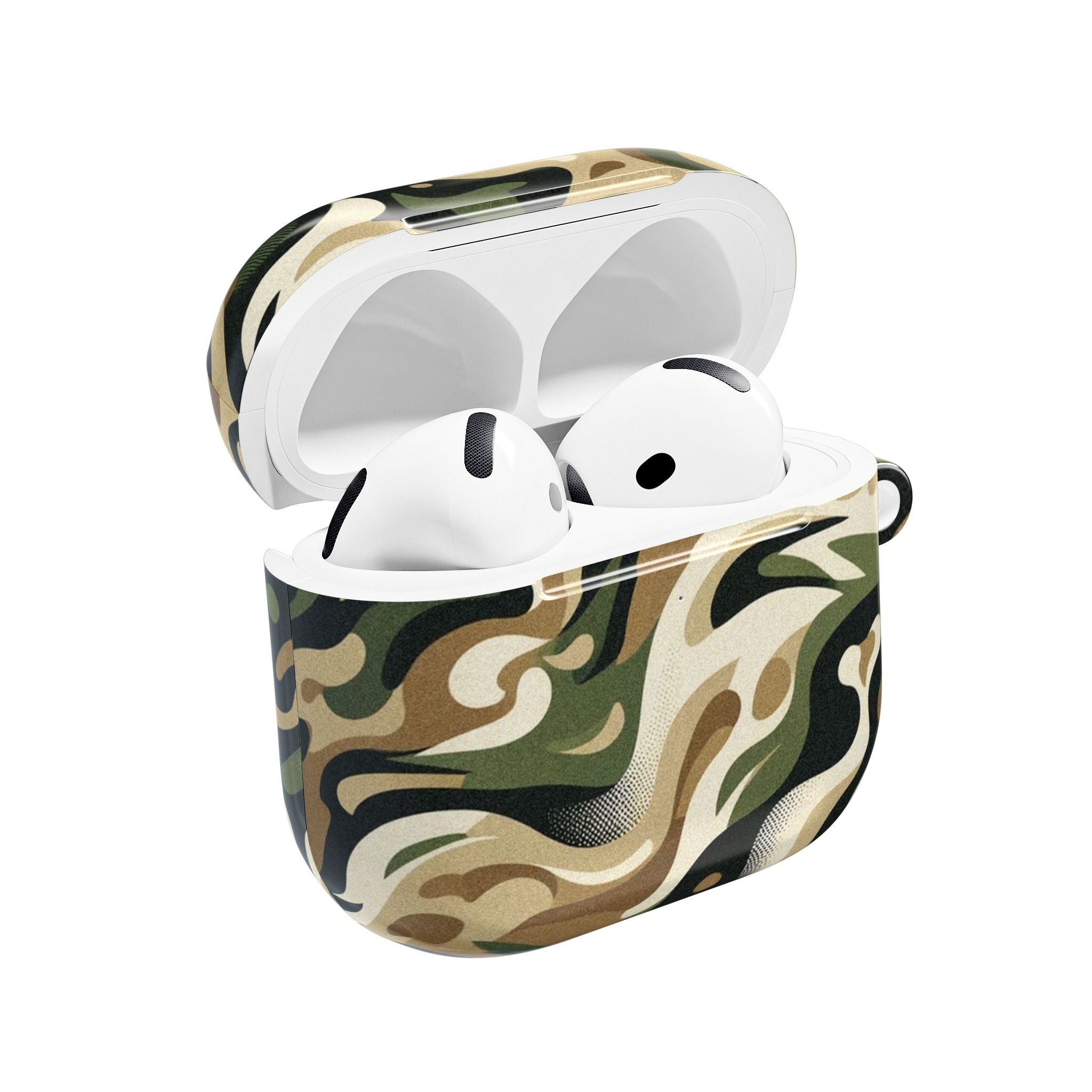Camouflage-patterned case for wireless earbuds on a white background