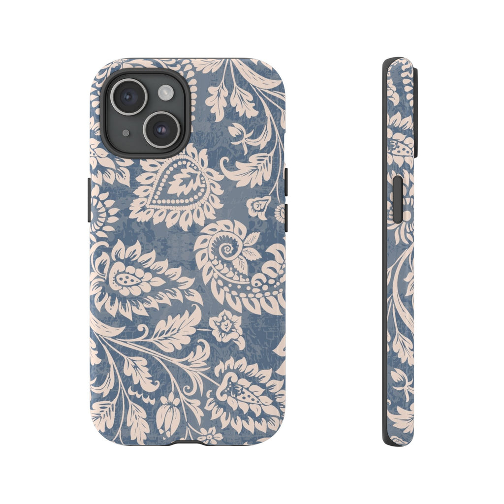Blue Floral Pattern Tough Phone Case for iPhone 15 models