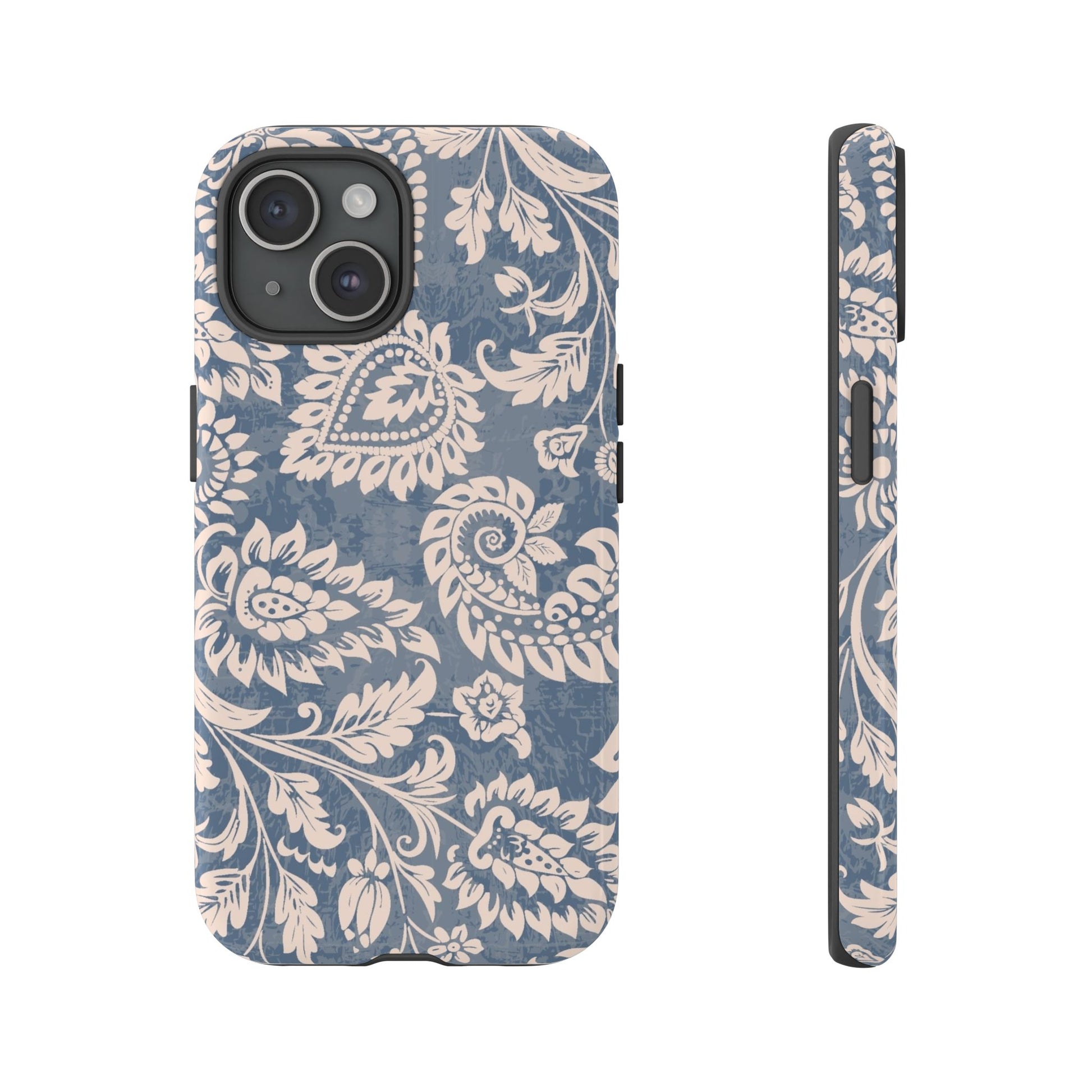 Blue Floral Pattern Tough Phone Case for iPhone 15 models