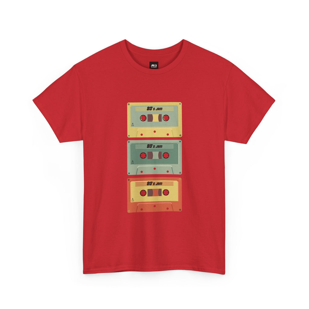 80's Jam Cassette Tape T-shirt featuring retro cassette tape graphic on a red background.