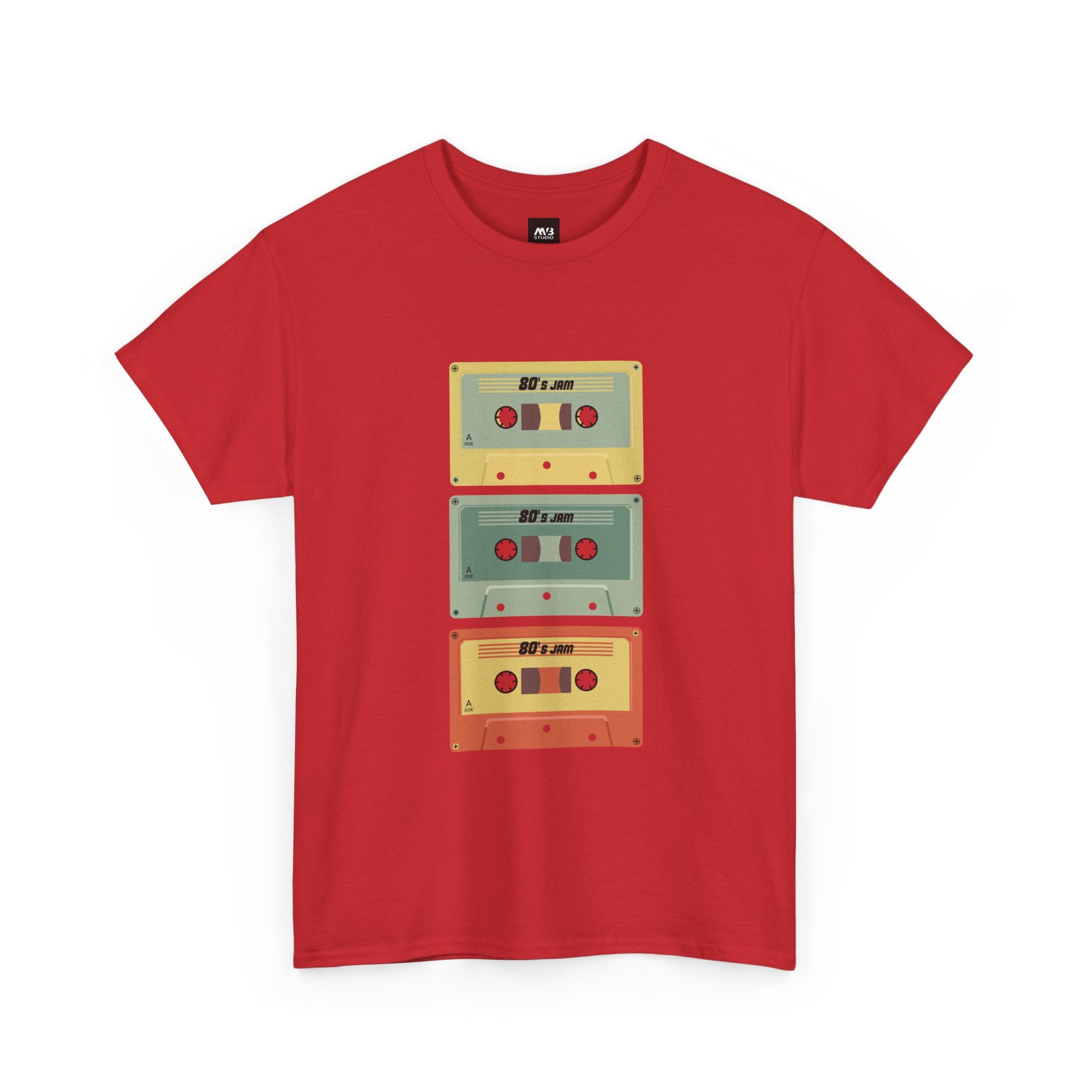 80's Jam Cassette Tape T-shirt featuring retro cassette tape graphic on a red background.