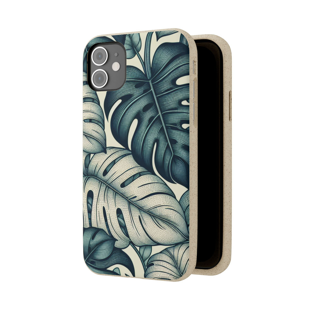 A slightly angled, full-length view of a beige, speckled iPhone case with a teal and blue monstera leaf pattern. The case is open and shown from the side, revealing its smooth brown interior and the dual camera cutout at the top.