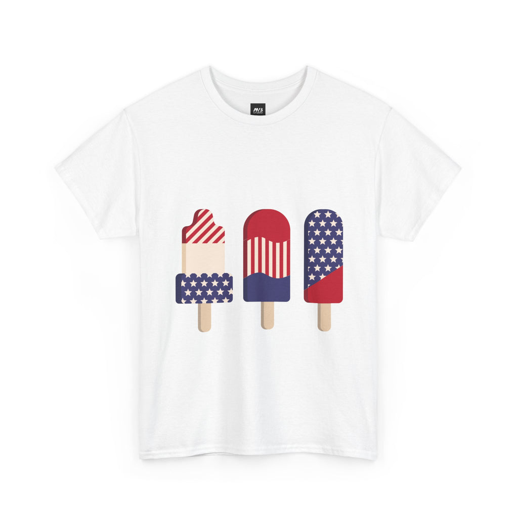 White t-shirt with red, white, and blue popsicle graphic on a white background