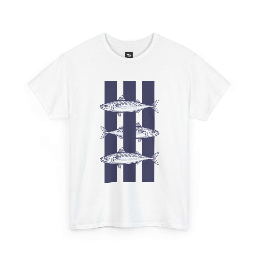 White t-shirt with fish design on a white background