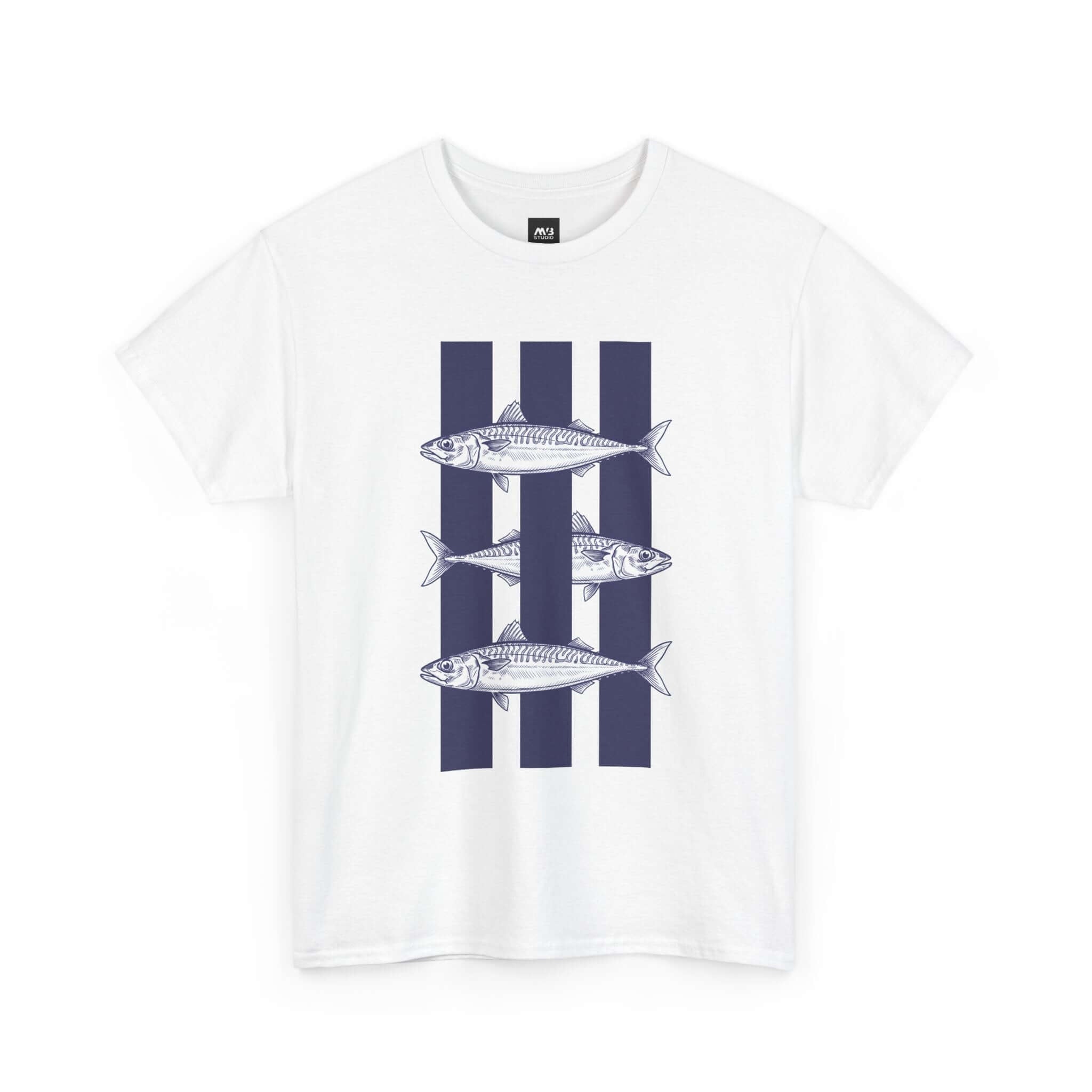 White t-shirt with fish design on a white background
