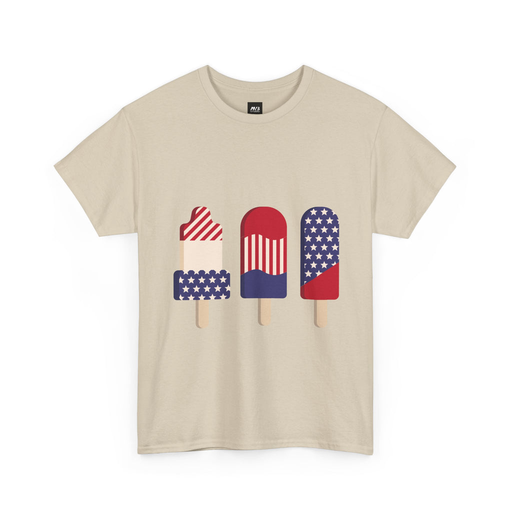 Beige t-shirt with graphic of four popsicles with American flag design on a white background