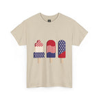 Beige t-shirt with graphic of four popsicles with American flag design on a white background