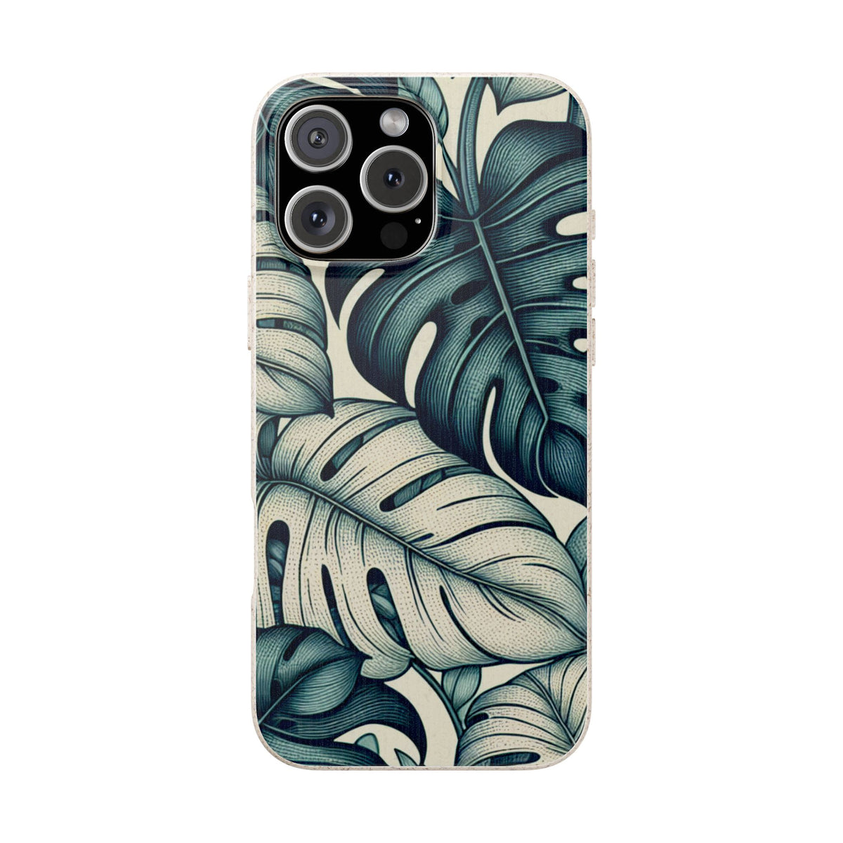 A full, straight-on view of an iPhone in a beige, speckled case with a teal and blue monstera leaf pattern. The case covers the entire back of the phone and features a cutout for the triple camera lens array in the top left corner.