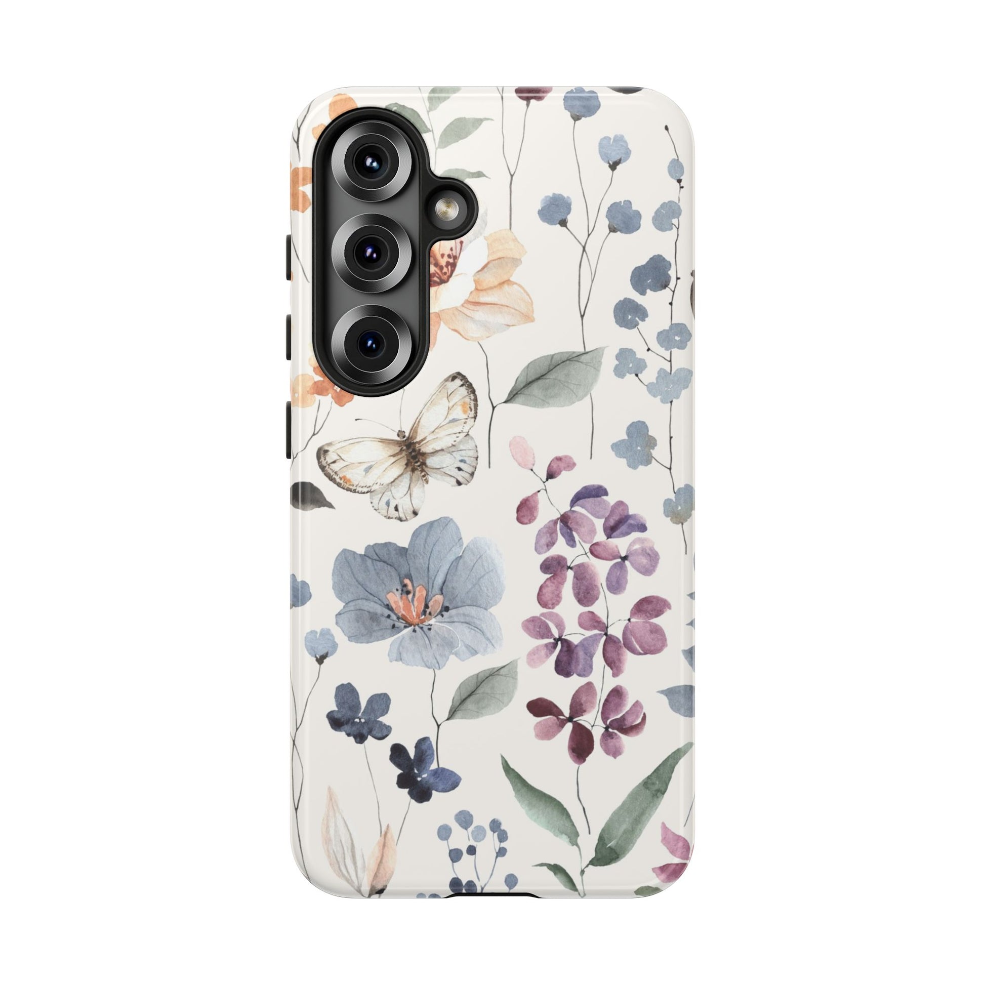 Watercolour Wild Flowers Samsung phone case featuring vibrant design with flowers and butterfly, offering stylish protection.