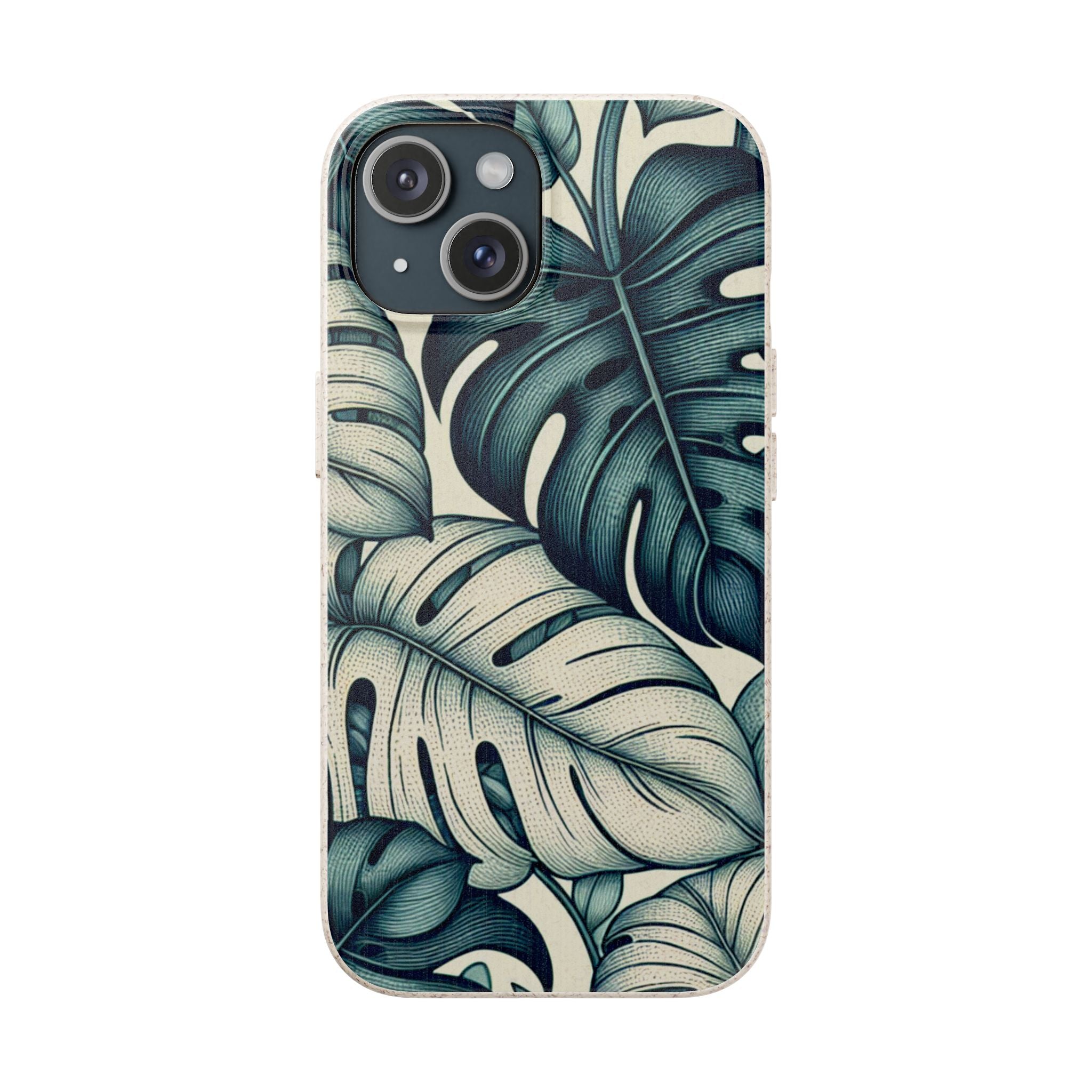 A full, straight-on view of an iPhone in a beige, speckled case with a teal and blue monstera leaf pattern. The case covers the entire back of the phone, and the dual camera lens cutout is visible in the top left corner.