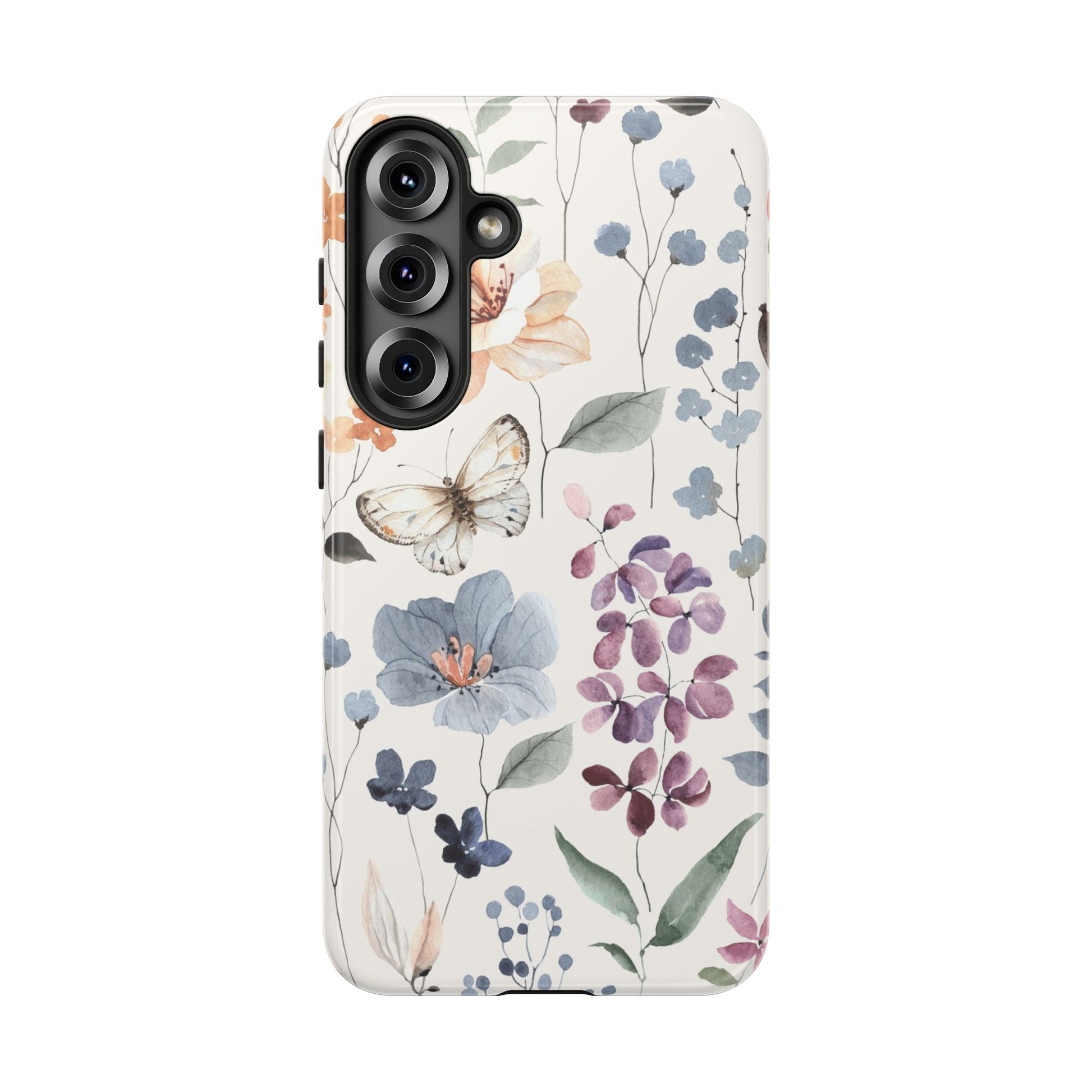 Watercolour Wild Flowers Tough Samsung Phone Case, featuring vibrant floral design and butterfly, durable and stylish.