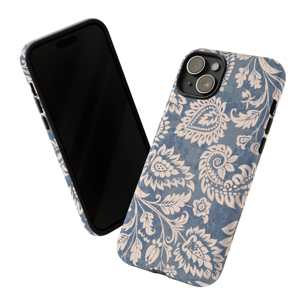 Blue Floral Pattern Tough Phone Case for iPhone 15 models