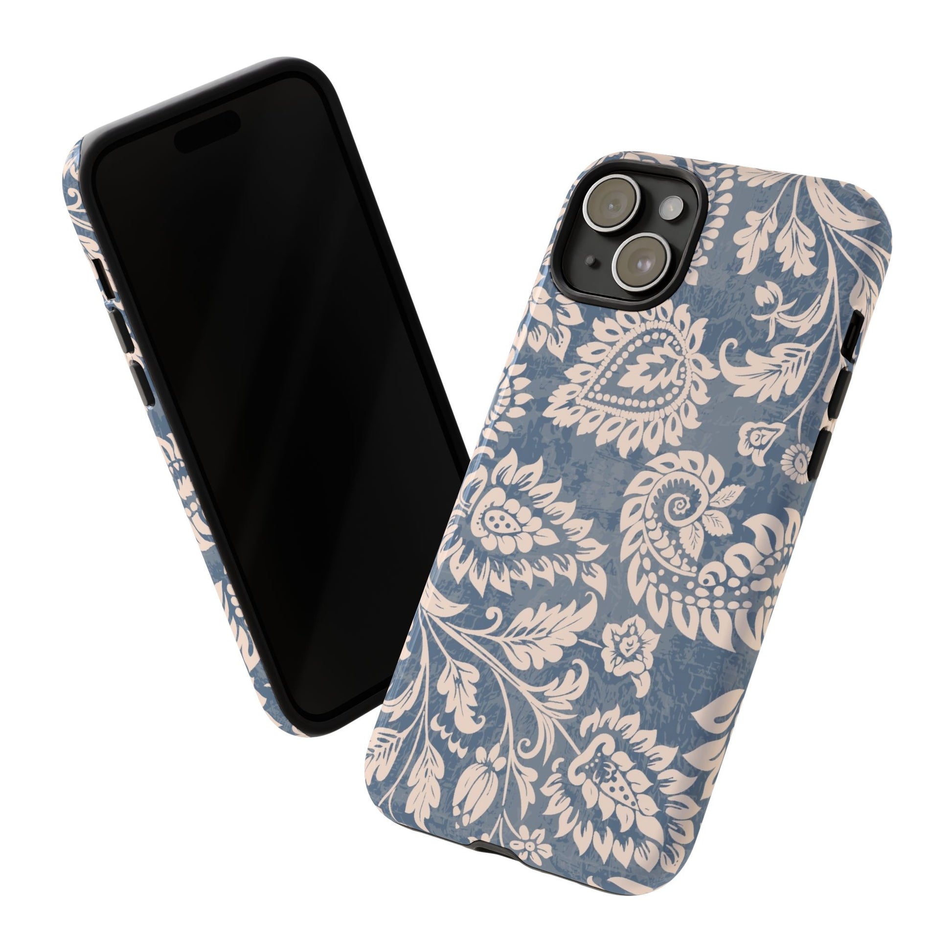 Blue Floral Pattern Tough Phone Case for iPhone 15 models