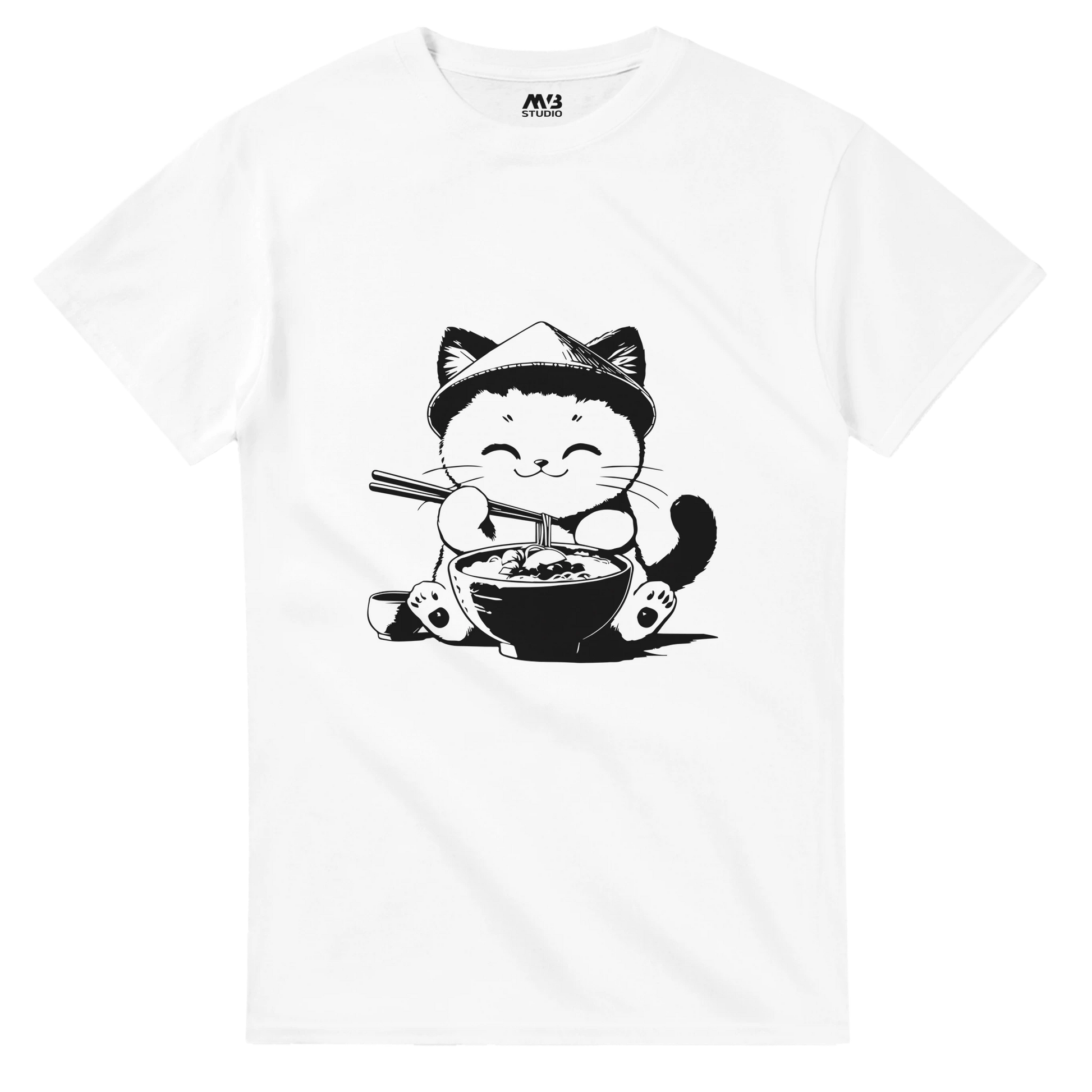 White colour Cute Cat Eating Noodles T-shirt | MVB STUDIO STORE