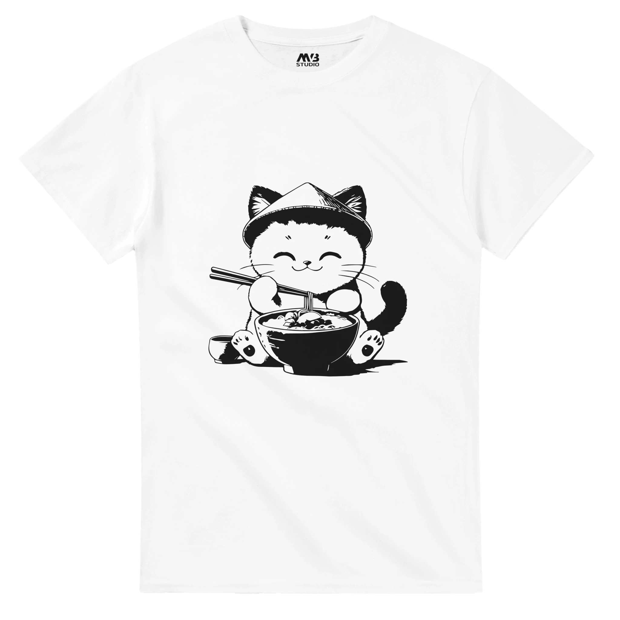 White colour Cute Cat Eating Noodles T-shirt | MVB STUDIO STORE