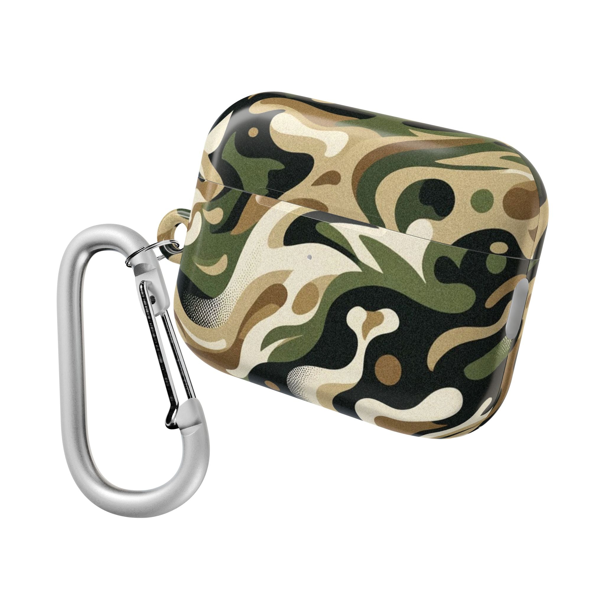 Camouflage-patterned case with a carabiner on a white background