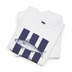 White t-shirt with fish design on navy stripes