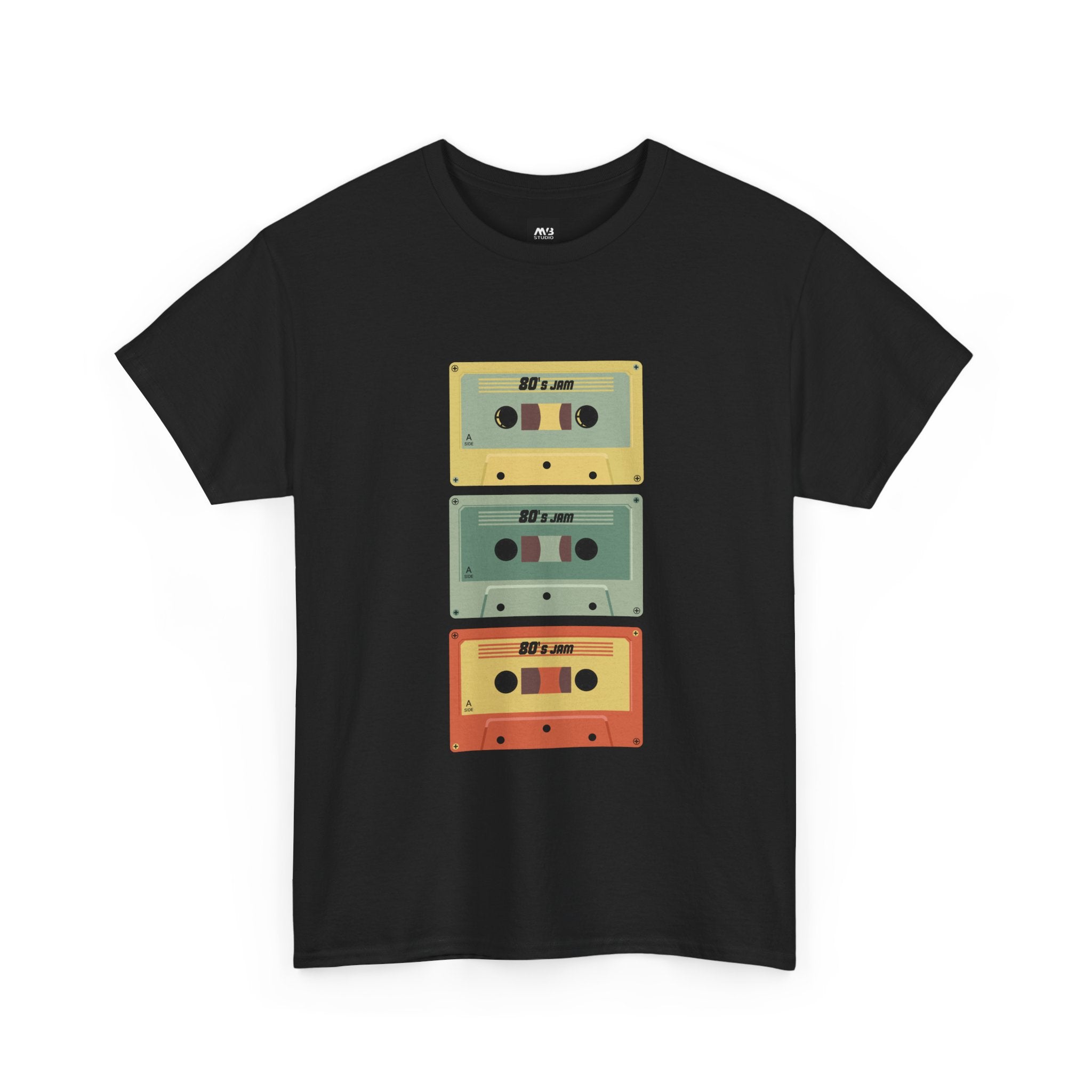 80's Jam Cassette Tape T-shirt featuring vintage cassette designs on black cotton fabric.