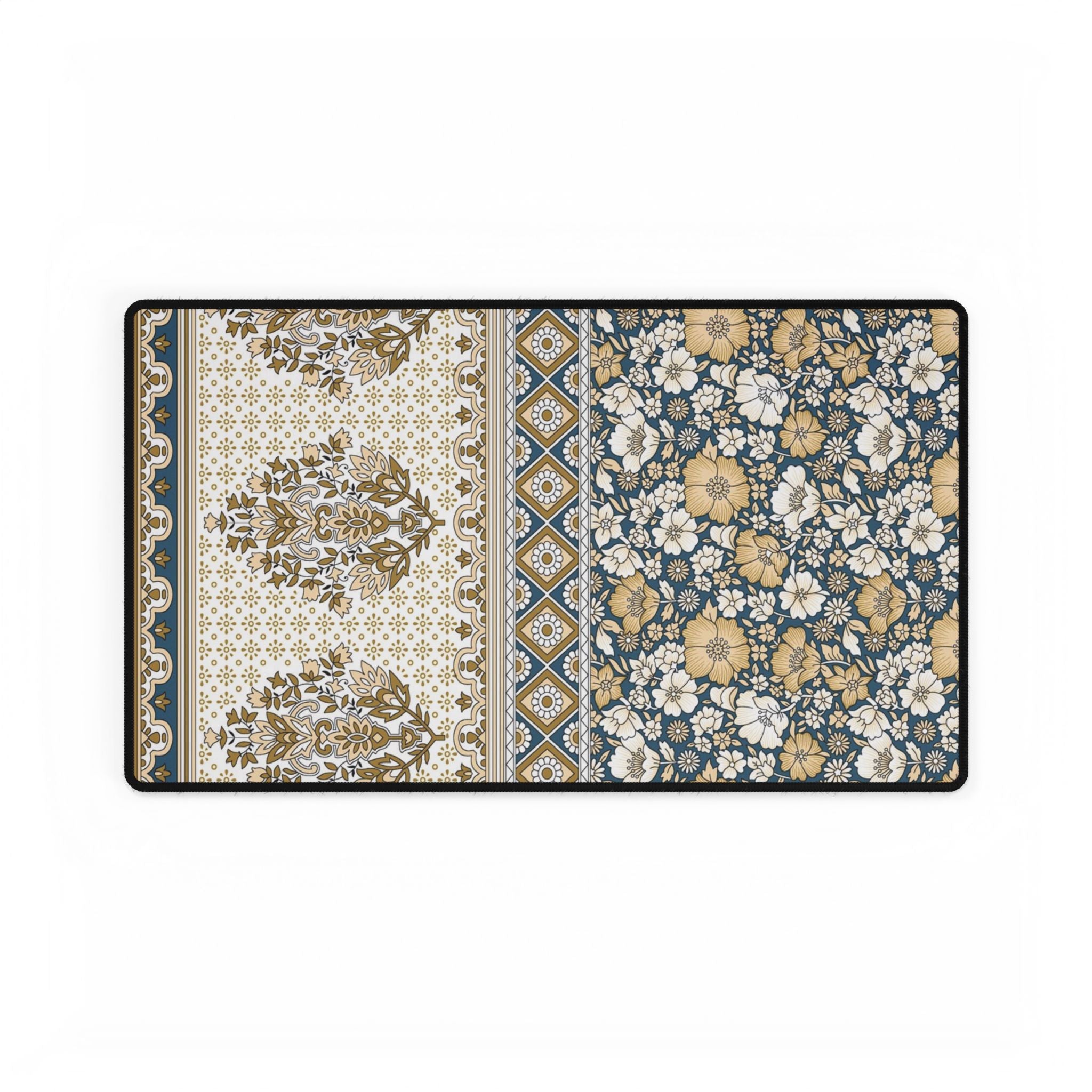 Floral Vintage Patchwork Desk Mat - Blue & Gold Ornamental Mouse Pad
