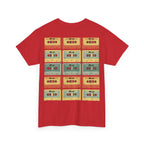 80's Jam Cassette Tape T-shirt featuring colorful cassette tape graphics on a red background.