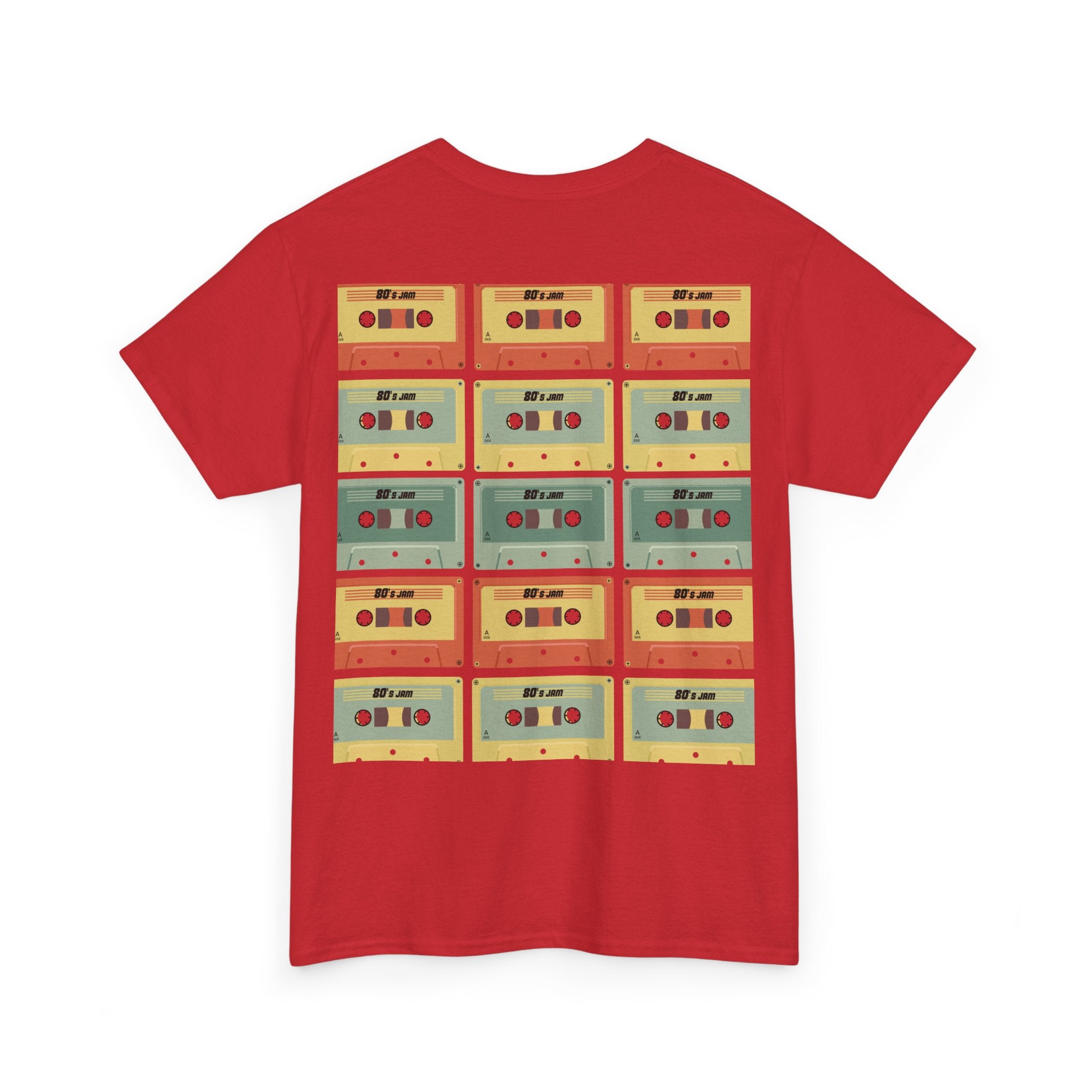 80's Jam Cassette Tape T-shirt featuring colorful cassette tape graphics on a red background.