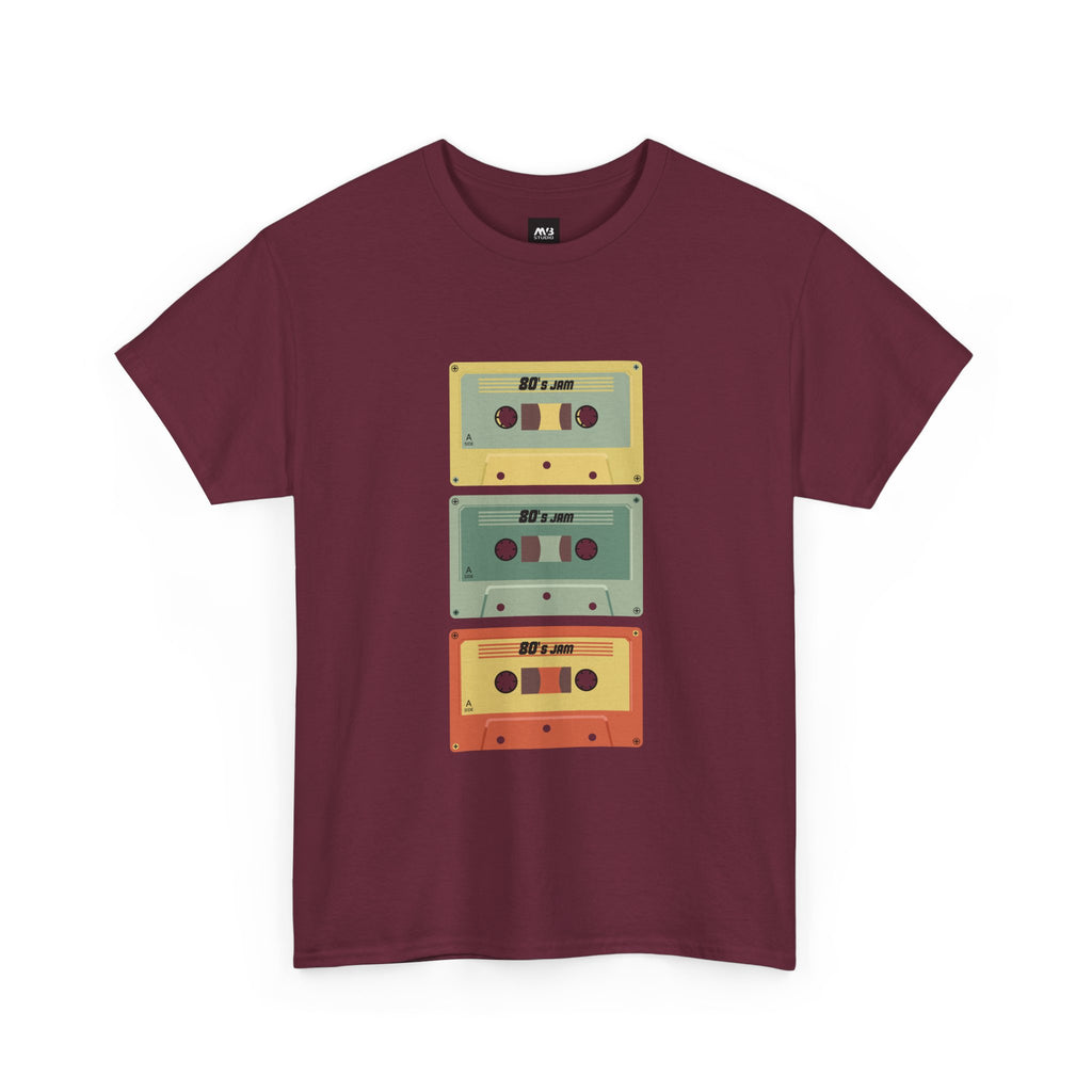80's Jam Cassette Tape T-shirt featuring colorful cassette graphics on a maroon background.
