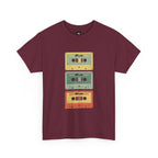 80's Jam Cassette Tape T-shirt featuring colorful cassette graphics on a maroon background.