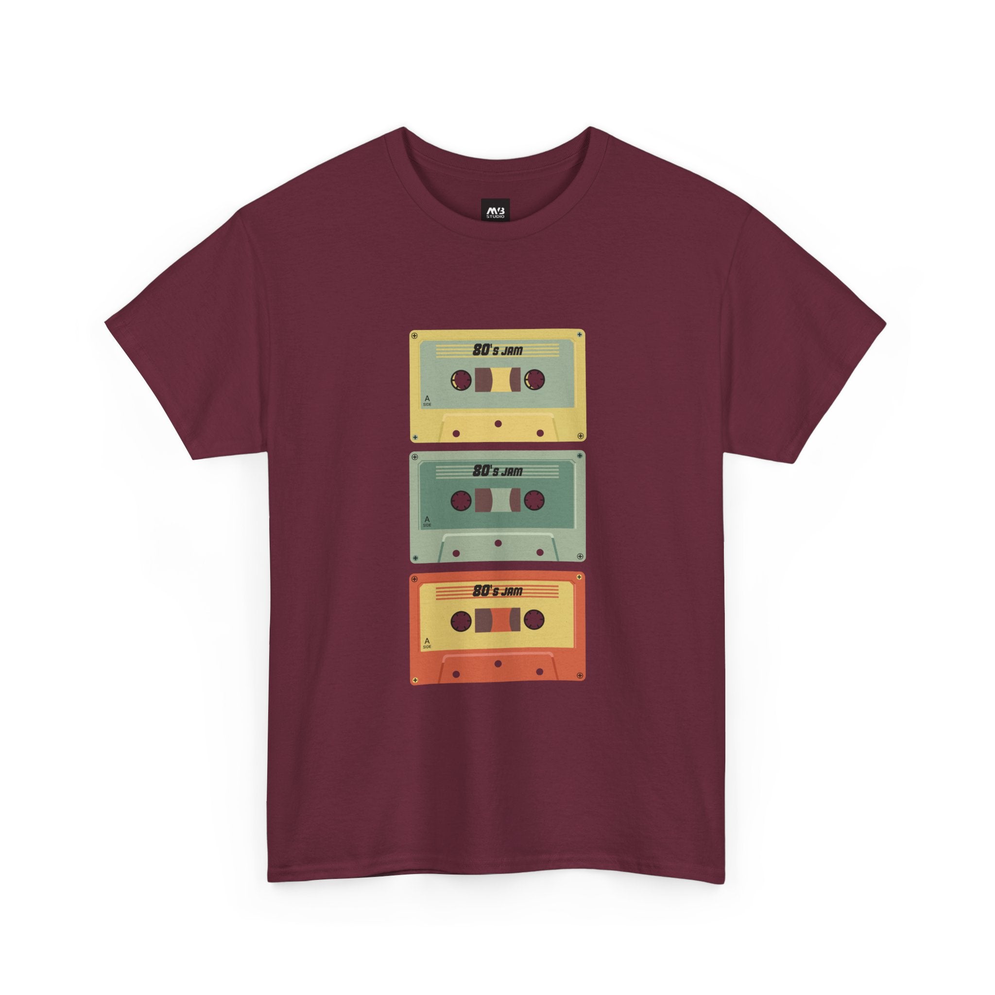 80's Jam Cassette Tape T-shirt featuring colorful cassette graphics on a maroon background.