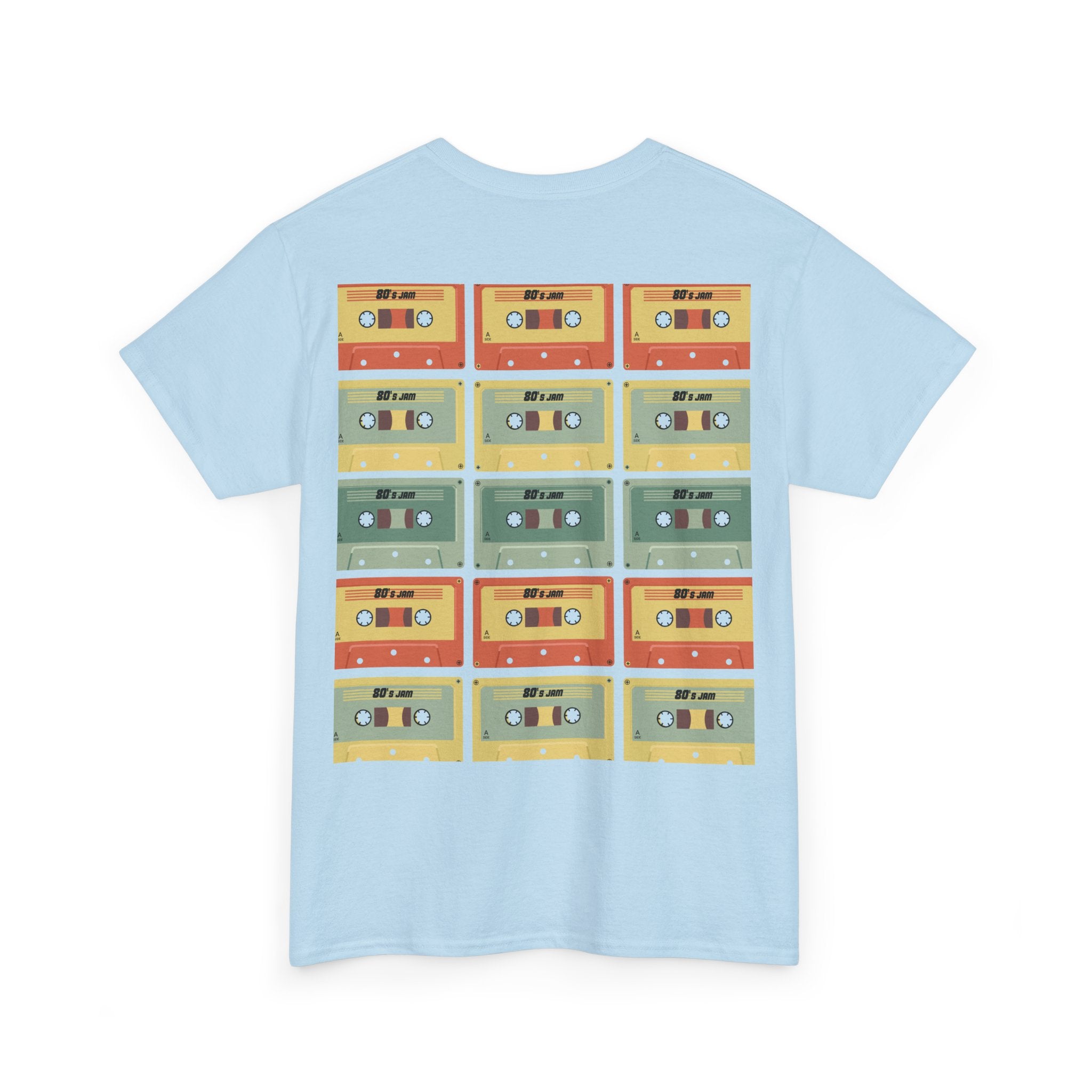 80's Jam Cassette Tape T-shirt featuring colorful cassette tape designs on a light blue background.