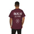 Person wearing a maroon t-shirt with 'IKIGAI' printed on the back against a white background