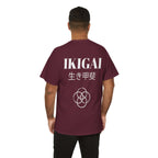 Person wearing a maroon t-shirt with 'IKIGAI' printed on the back against a white background