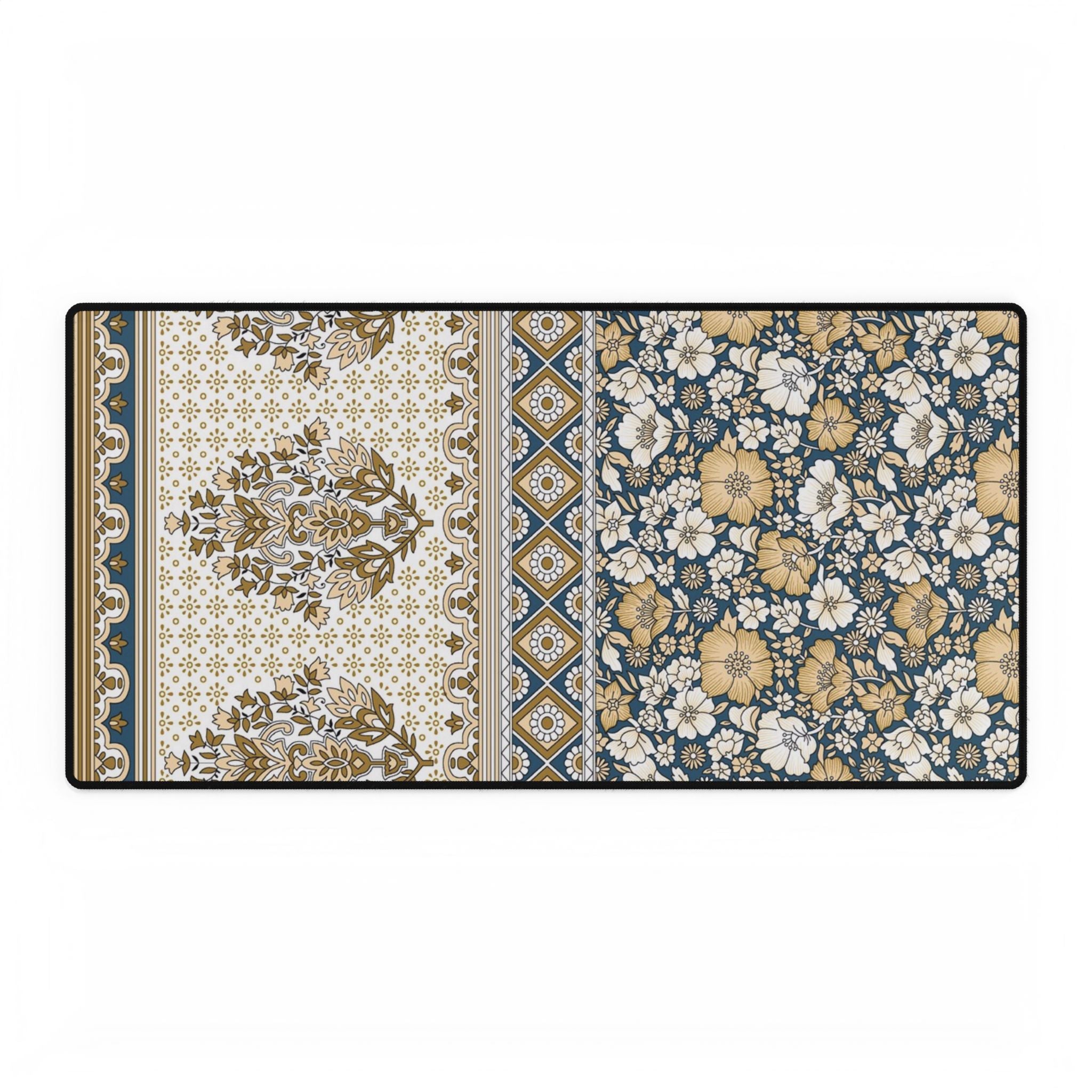 Floral Vintage Patchwork Desk Mat - Blue & Gold Ornamental Mouse Pad
