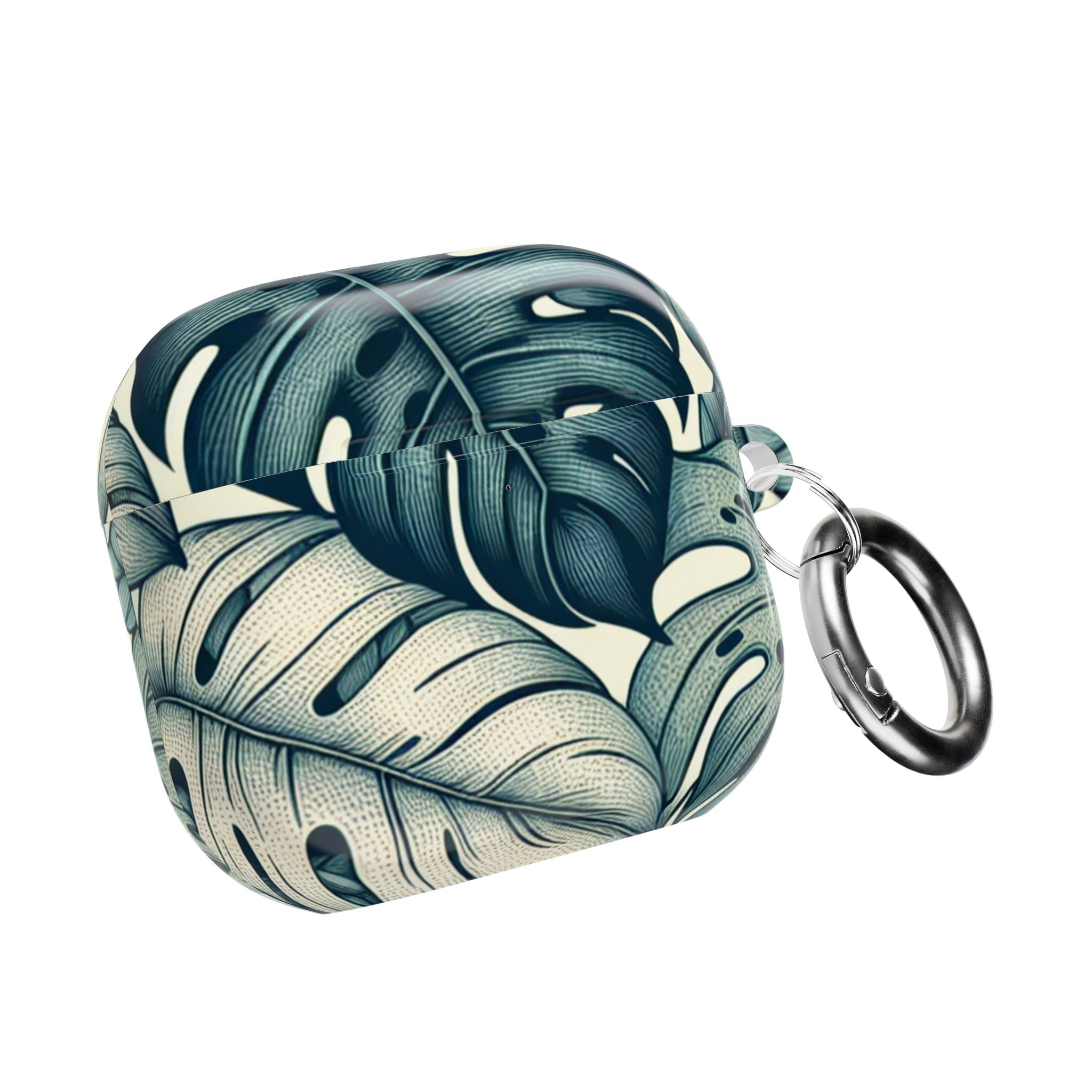 AirPods Pro case with a tropical leaf pattern, featuring large, stylized green and cream monstera leaves. The case is closed and includes a silver metal carabiner clip attached to a small loop on the side.