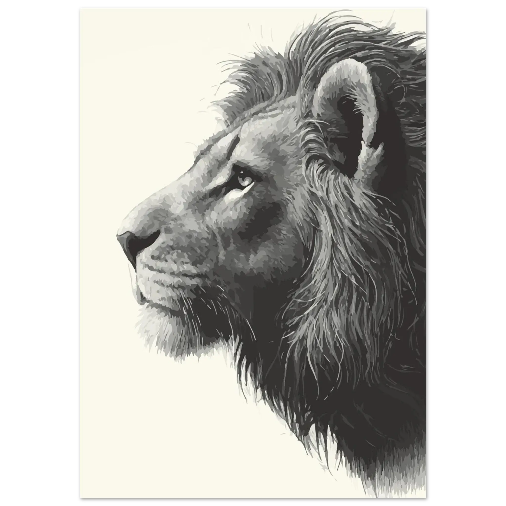 Black and white drawing of a lion's head on a light background