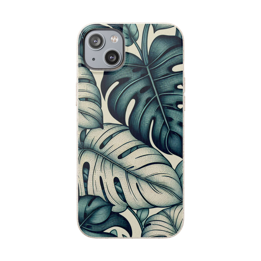 A full, straight-on view of an iPhone in a beige, speckled case with a teal and blue monstera leaf pattern. The case covers the entire back of the phone, and the dual camera lens cutout is visible in the top left corner.