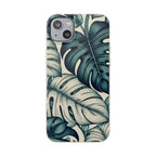 A full, straight-on view of an iPhone in a beige, speckled case with a teal and blue monstera leaf pattern. The case covers the entire back of the phone, and the dual camera lens cutout is visible in the top left corner.