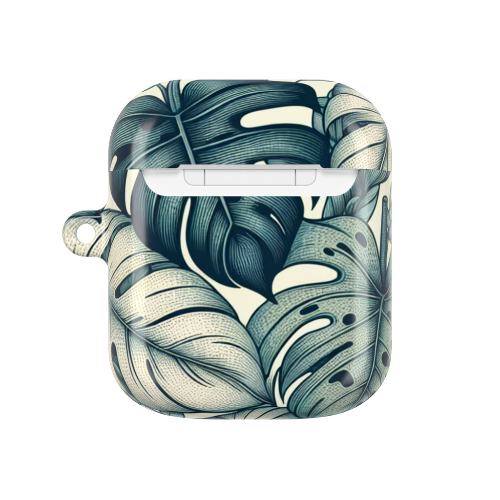 Front view of an open and empty AirPods case with a vibrant tropical print of split-leaf philodendron (monstera) leaves in blue-green and off-white.