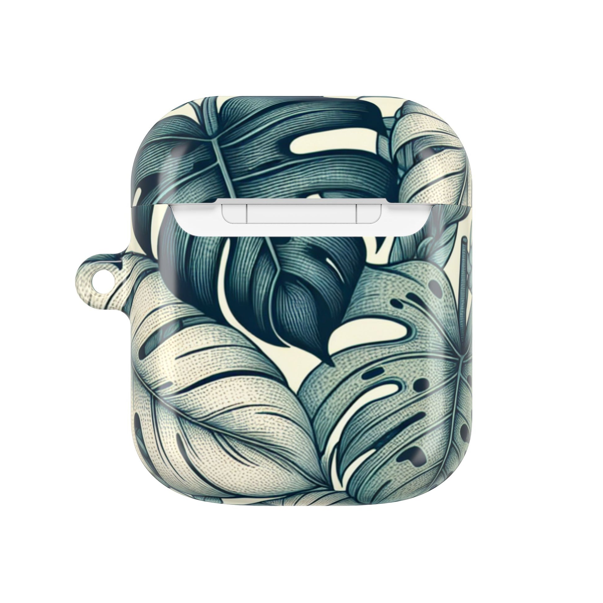 Front view of an open and empty AirPods case with a vibrant tropical print of split-leaf philodendron (monstera) leaves in blue-green and off-white.
