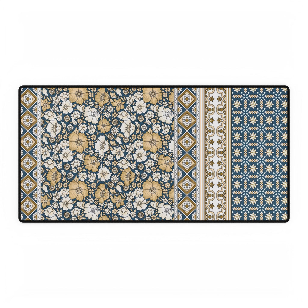 Vintage Floral Patchwork Desk Mat - Blue & Mustard Mousepad Desk Pad - MVB STUDIO STORE