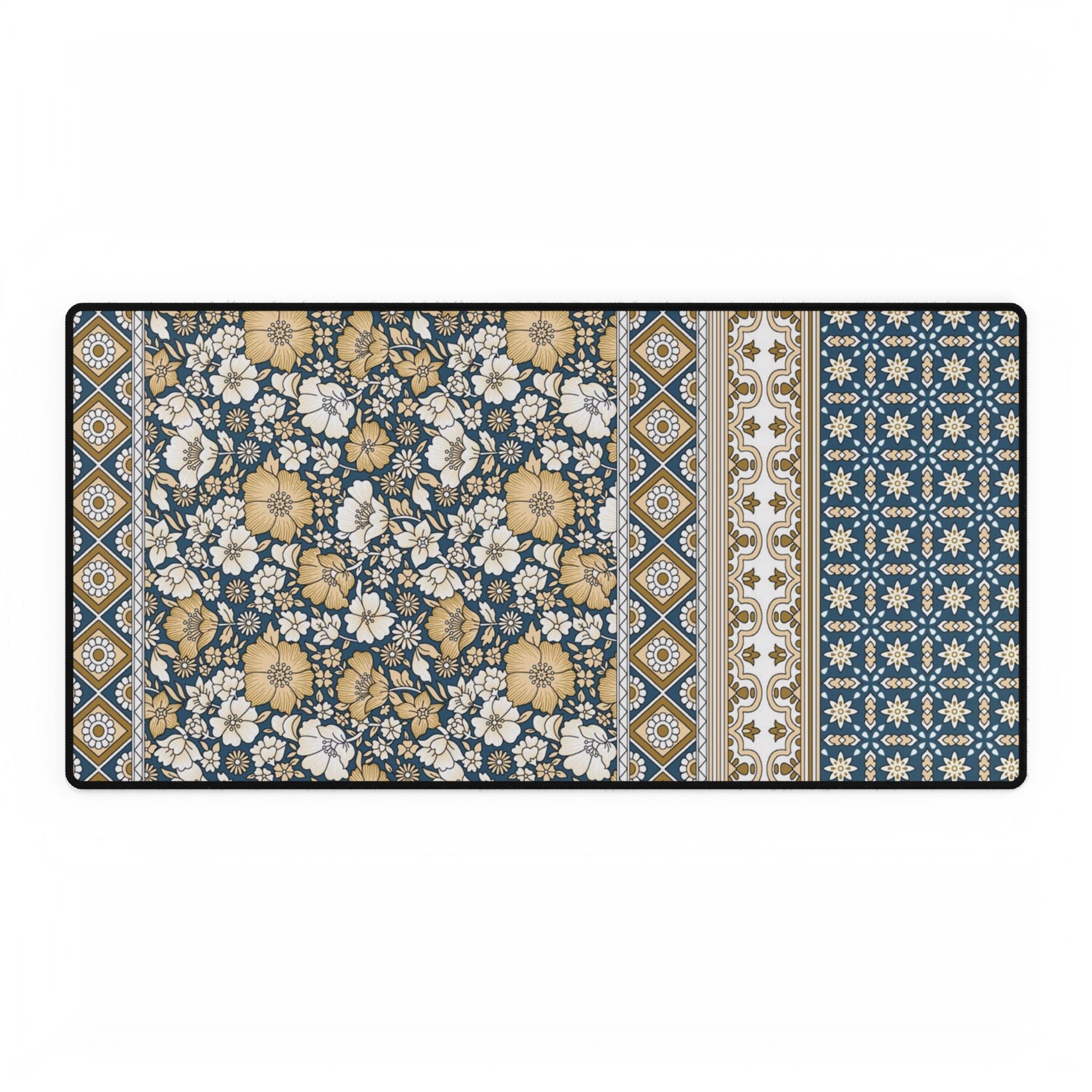 Vintage Floral Patchwork Desk Mat - Blue & Mustard Mousepad Desk Pad