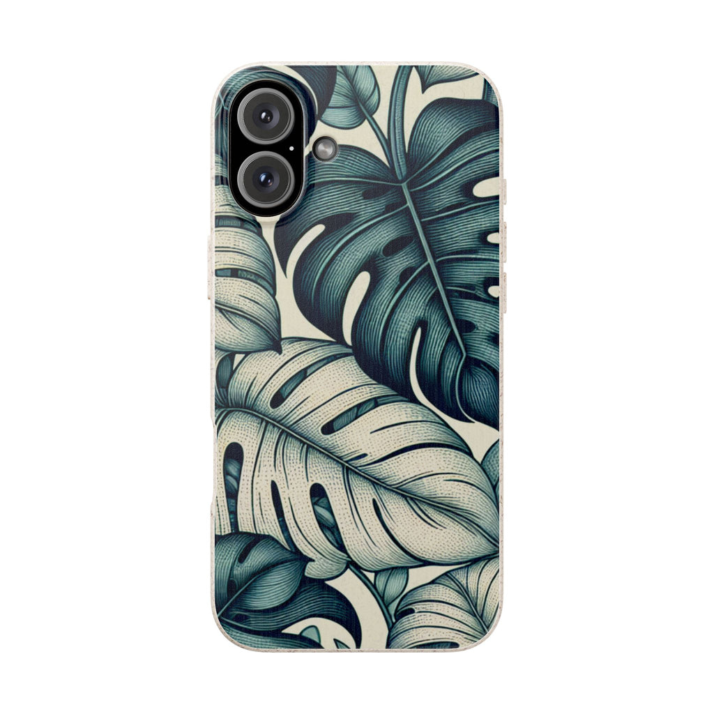 A full, straight-on view of an iPhone in a beige, speckled case with a teal and blue monstera leaf pattern. The case covers the entire back of the phone, and the dual camera lens cutout is visible in the top left corner.