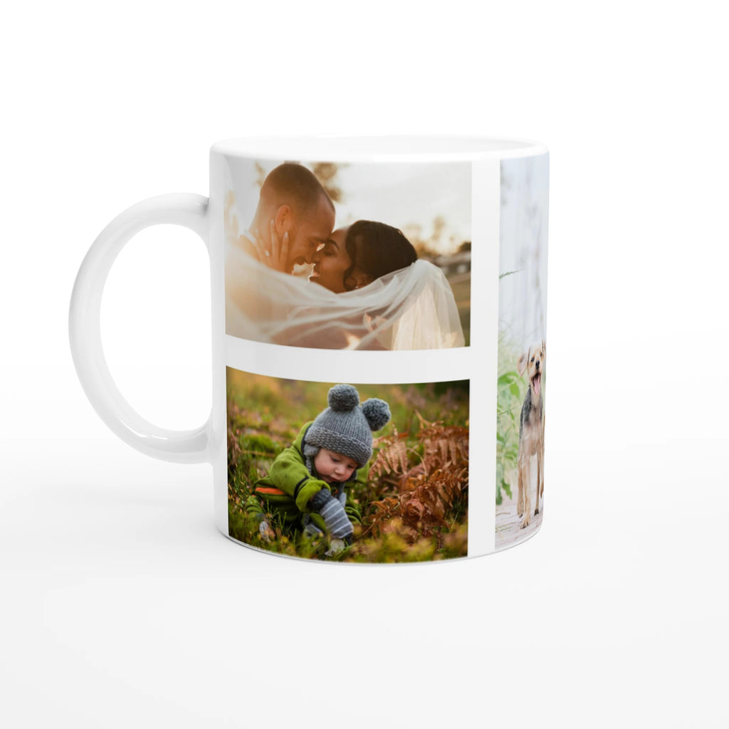 White mug with a printed design of a couple and a child in nature on a white background
