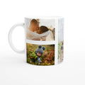 White mug with a printed design of a couple and a child in nature on a white background