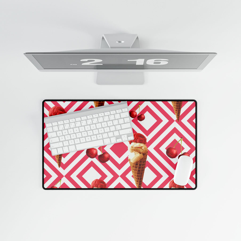 Cherry Ice Cream Pattern Desk Mat - Pink Geometric Gaming/Office Mouse Pad