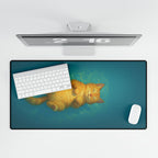 Desk setup with a large mouse pad featuring a cat design, keyboard, and mouse.