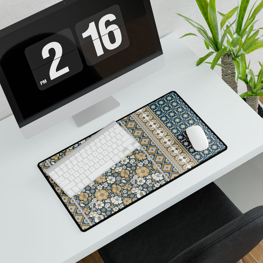 Vintage Floral Patchwork Desk Mat - Blue & Mustard Mousepad Desk Pad - MVB STUDIO STORE
