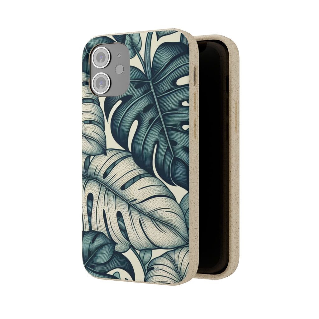 A slightly angled view of a beige, speckled iPhone case with a teal and blue monstera leaf pattern. The case is open and shown from the side, revealing its brown, soft-textured interior. The dual camera cutout is visible in the top left corner of the case.