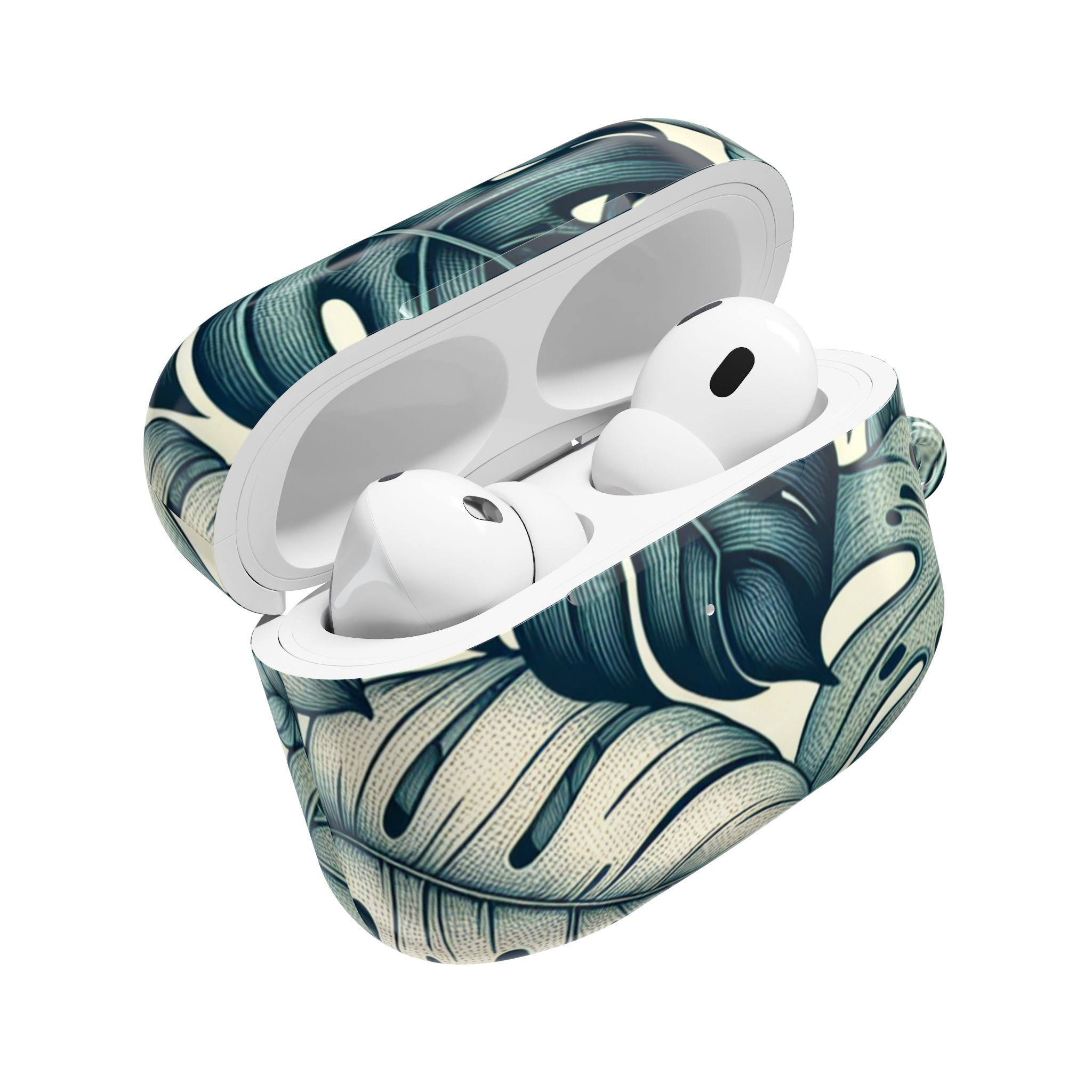 AirPods Pro case with a tropical leaf pattern, featuring large, stylized green and cream monstera leaves. The case is open, revealing the white AirPods Pro with their black speaker grilles.