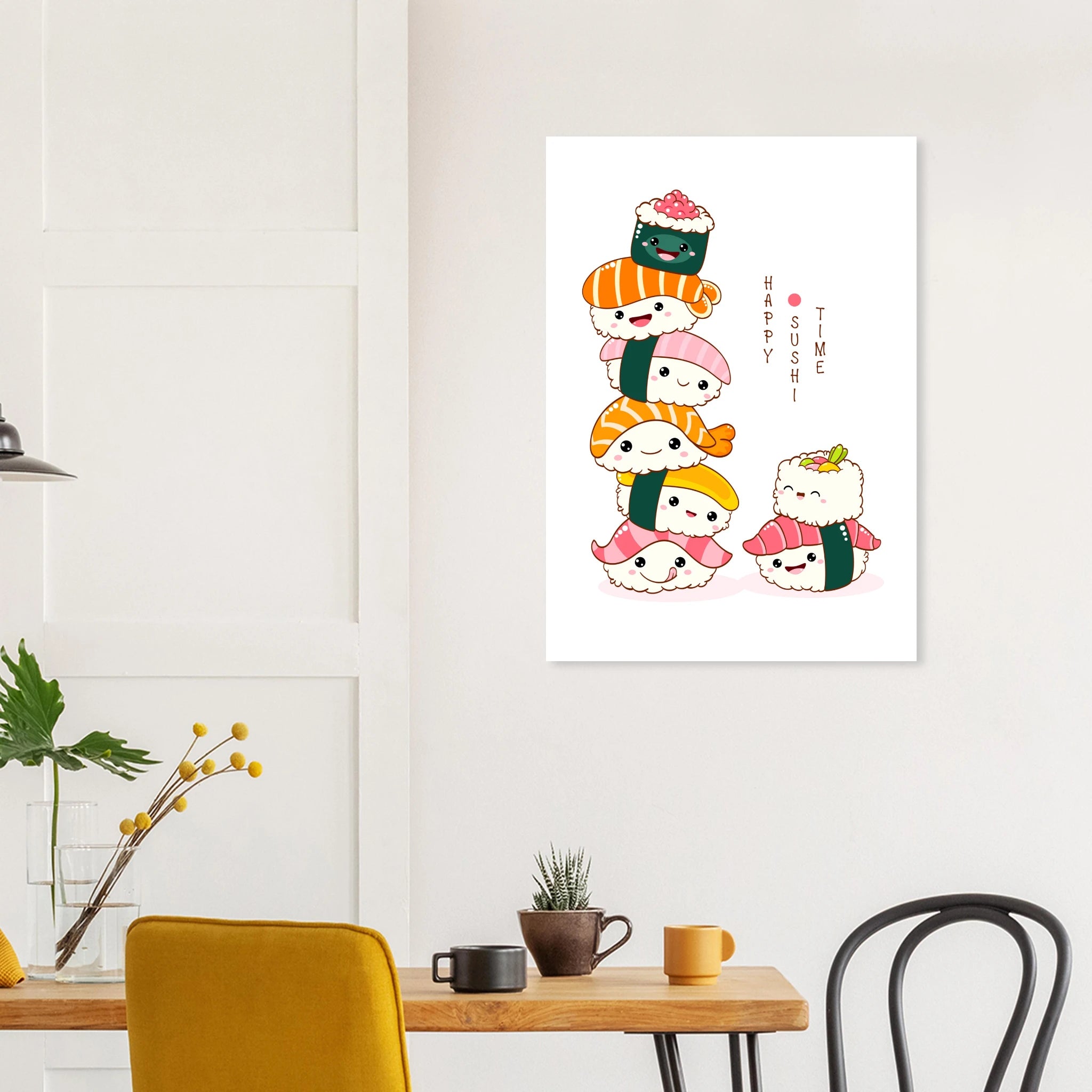 Wall poster featuring cute illustrated sushi characters stacked playfully, with the text “Happy Sushi Time,” displayed in a minimalist interior above a wooden table with plants and mugs.